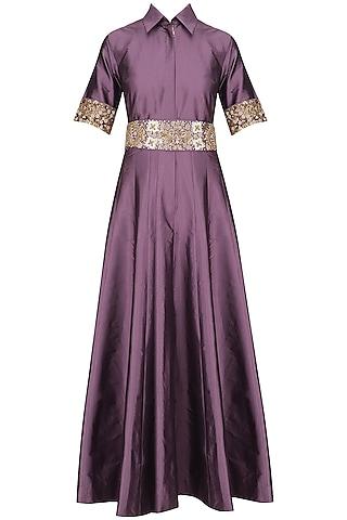 mauve floral waistband collared gown