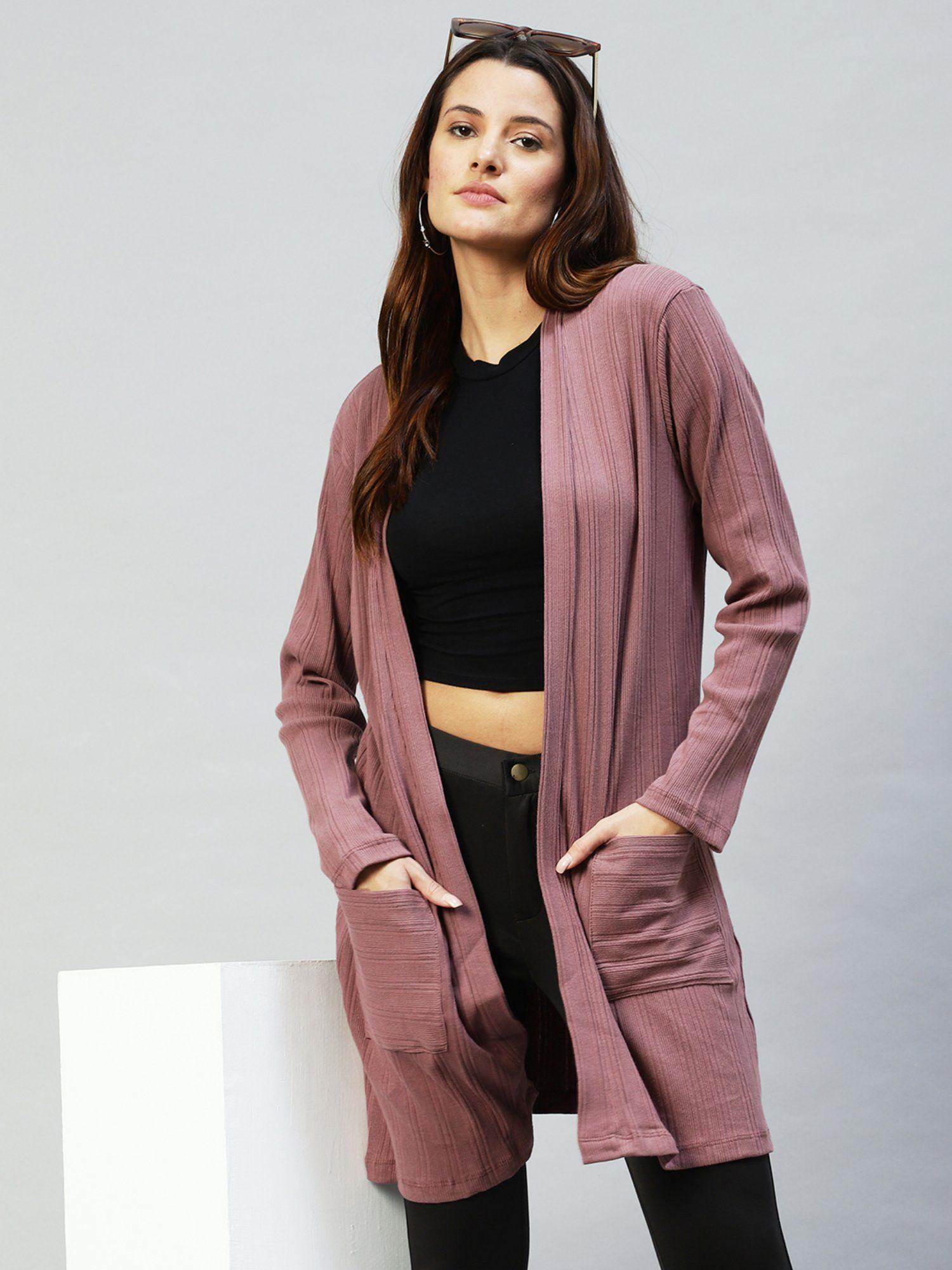 mauve front open long rib shrug