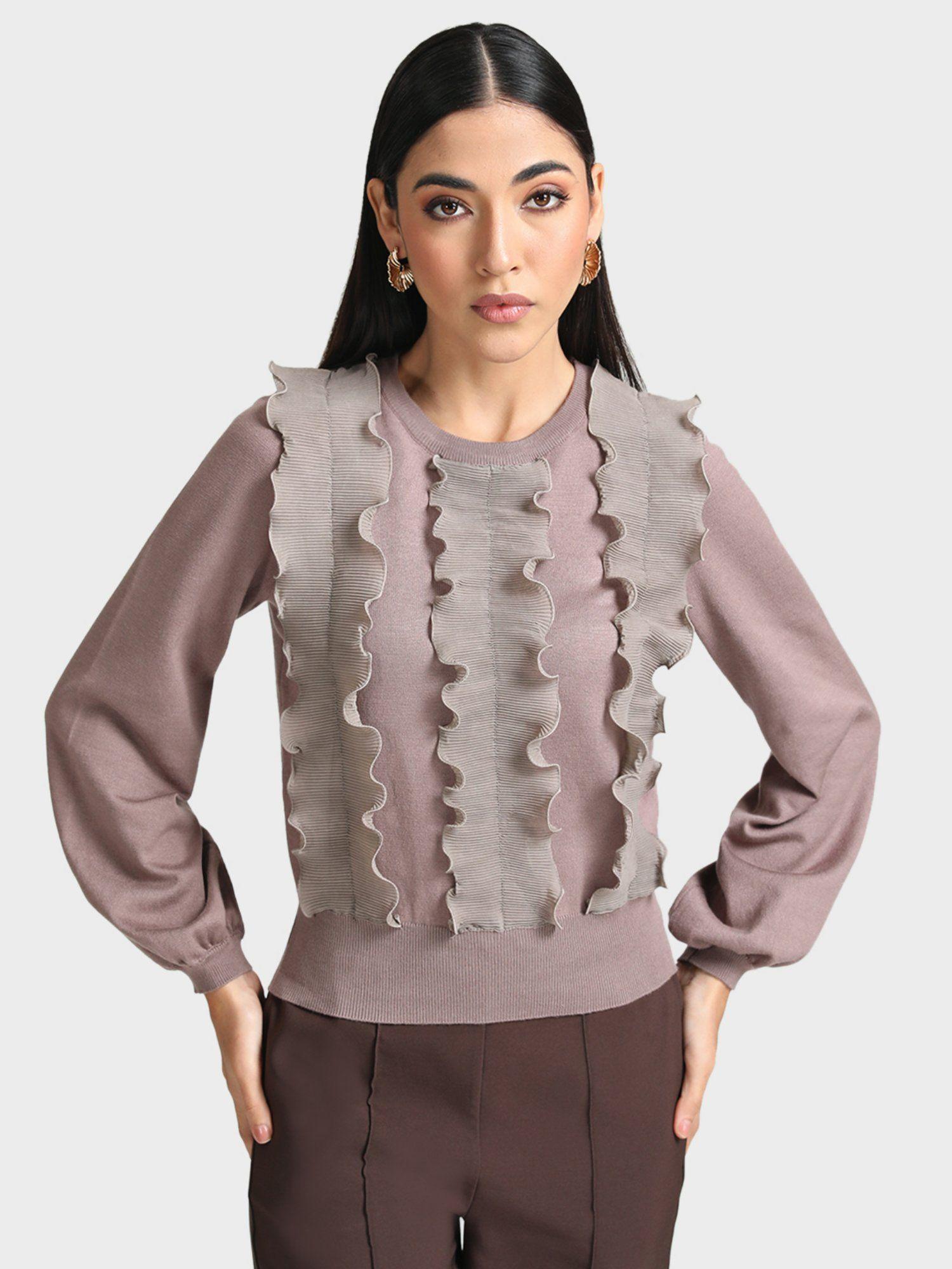 mauve front pleated ruffle detail pullover