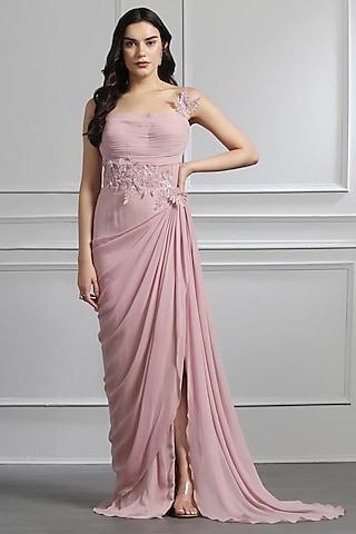 mauve georgette crystal glass bead embroidered gown