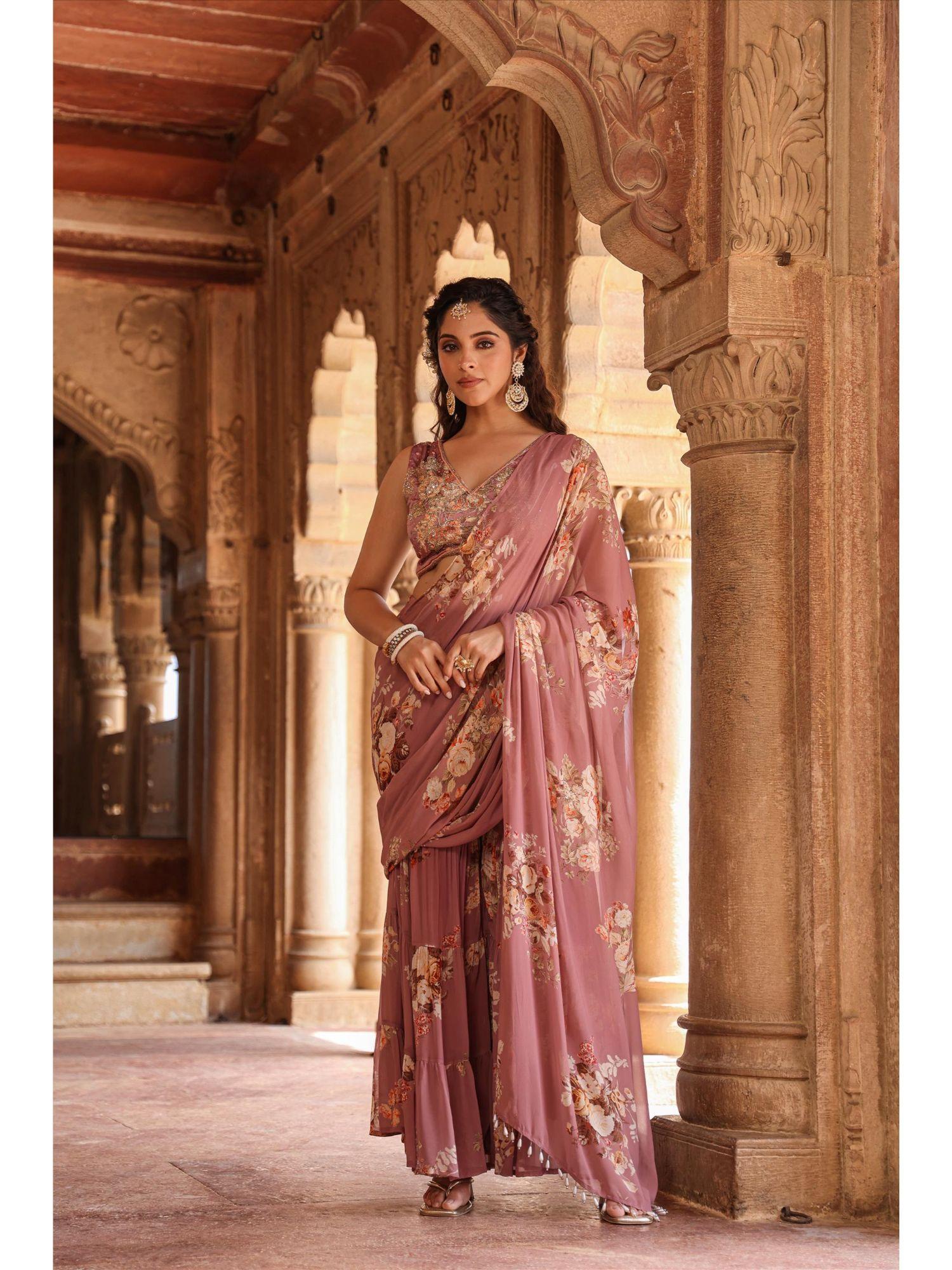 mauve georgette draped floral print sharara saree with stitched blouse with stitched