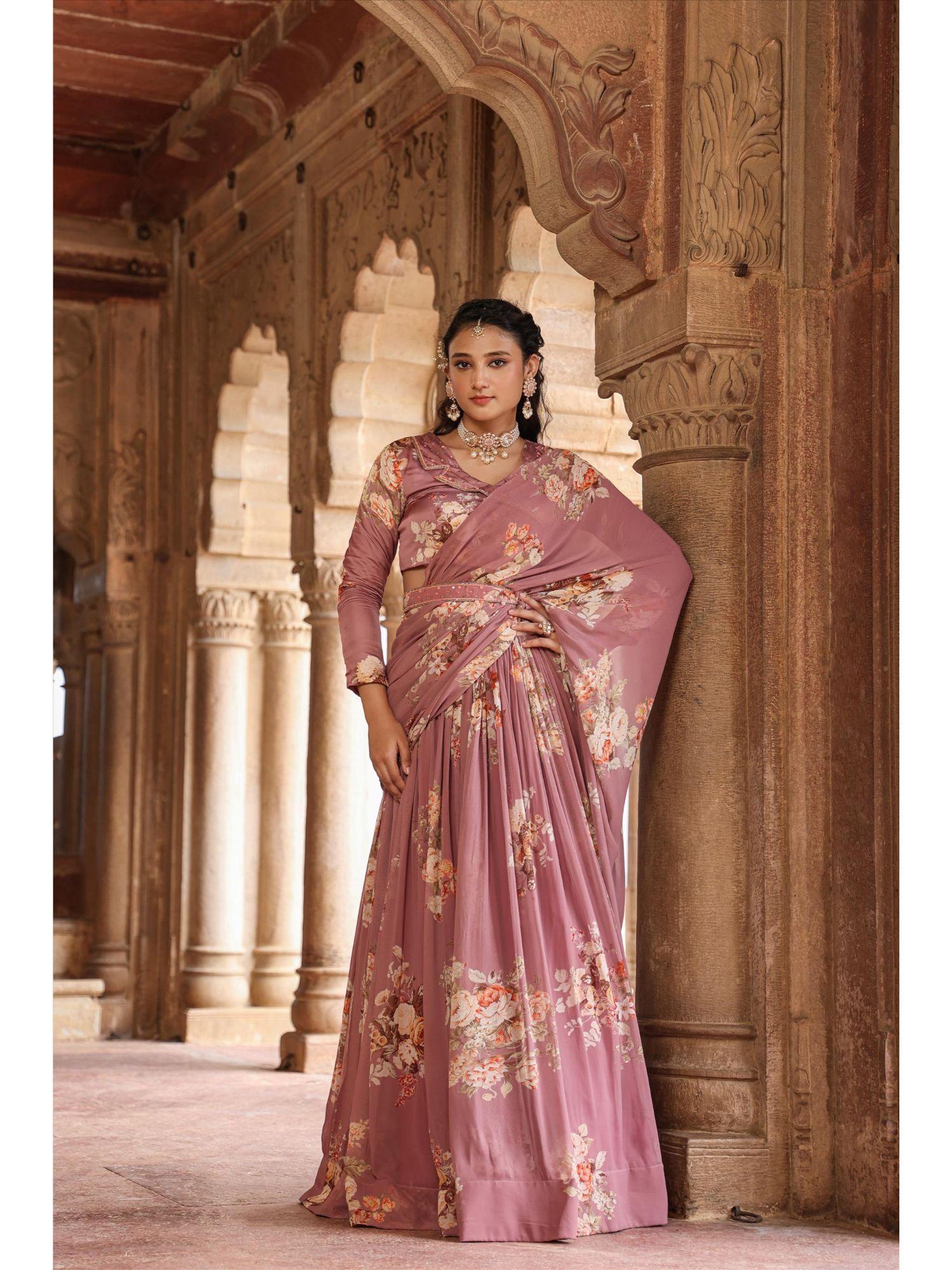 mauve georgette pre draped floral print drape saree with stitched blouse with stitched