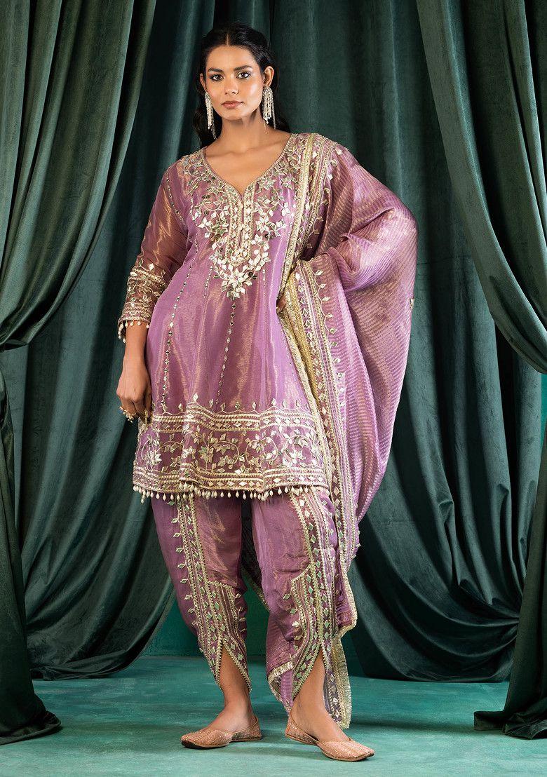 mauve gota patti and mirror embellished kurta set with dhoti pants and dupatta