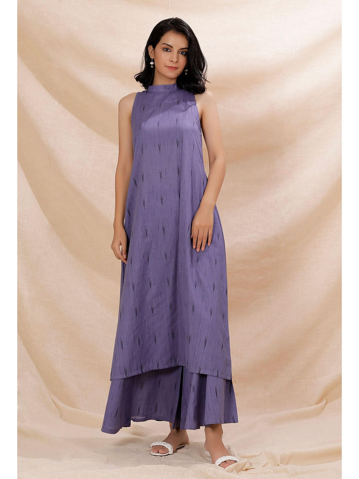 mauve halter neck cotton ikkat kurta with flared pants (set of 2)