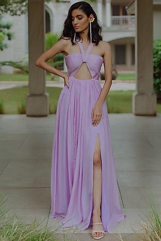 mauve hand ruched gown with front cut-out