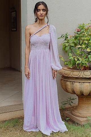 mauve hand ruched one shoulder gown