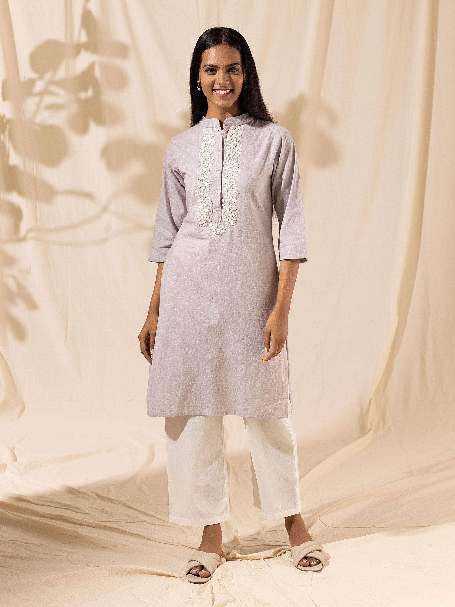 mauve kurta with white cotton thread embroidery likkur49