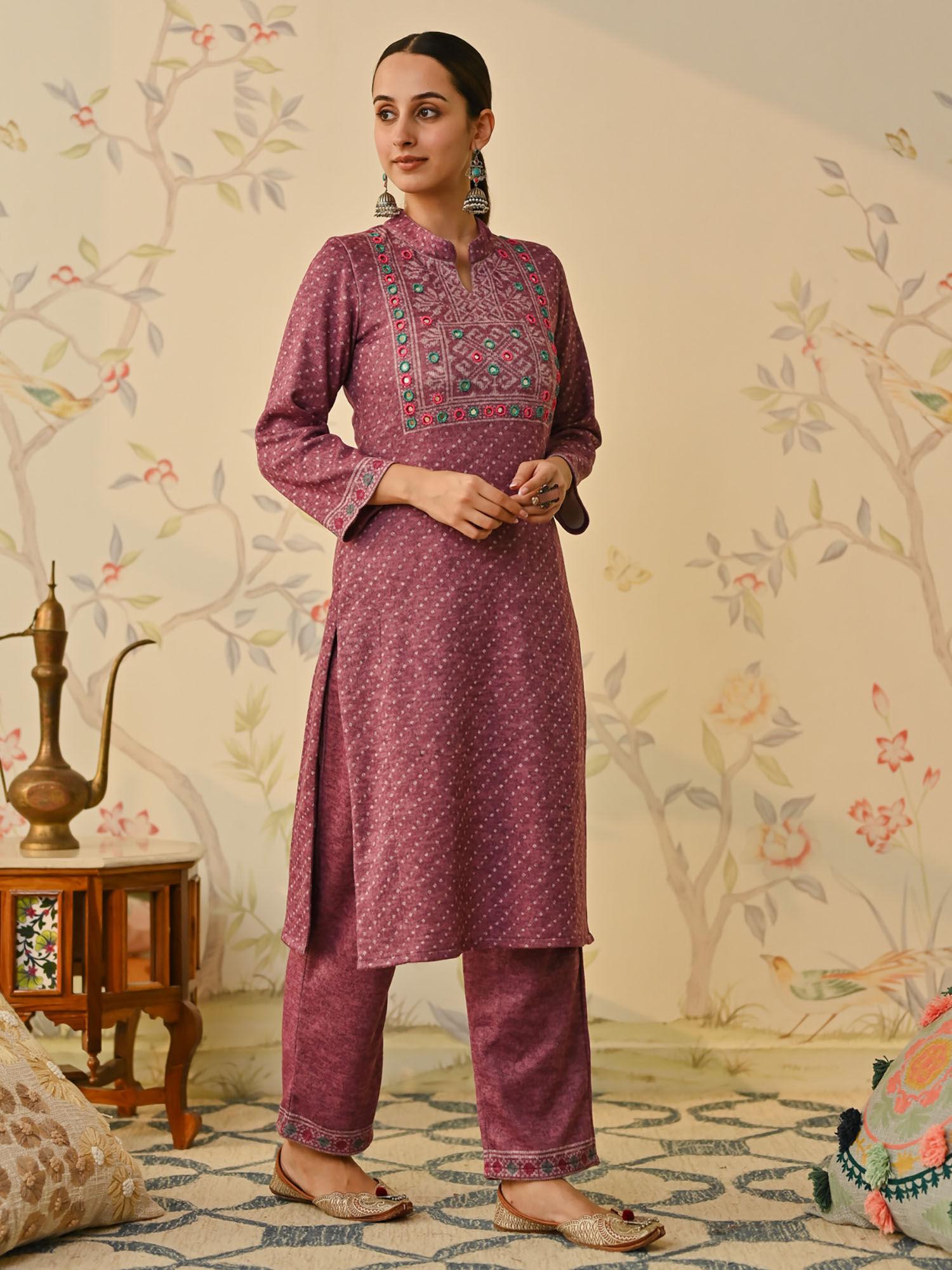 mauve kutch embroidered mirror work woollen kurta