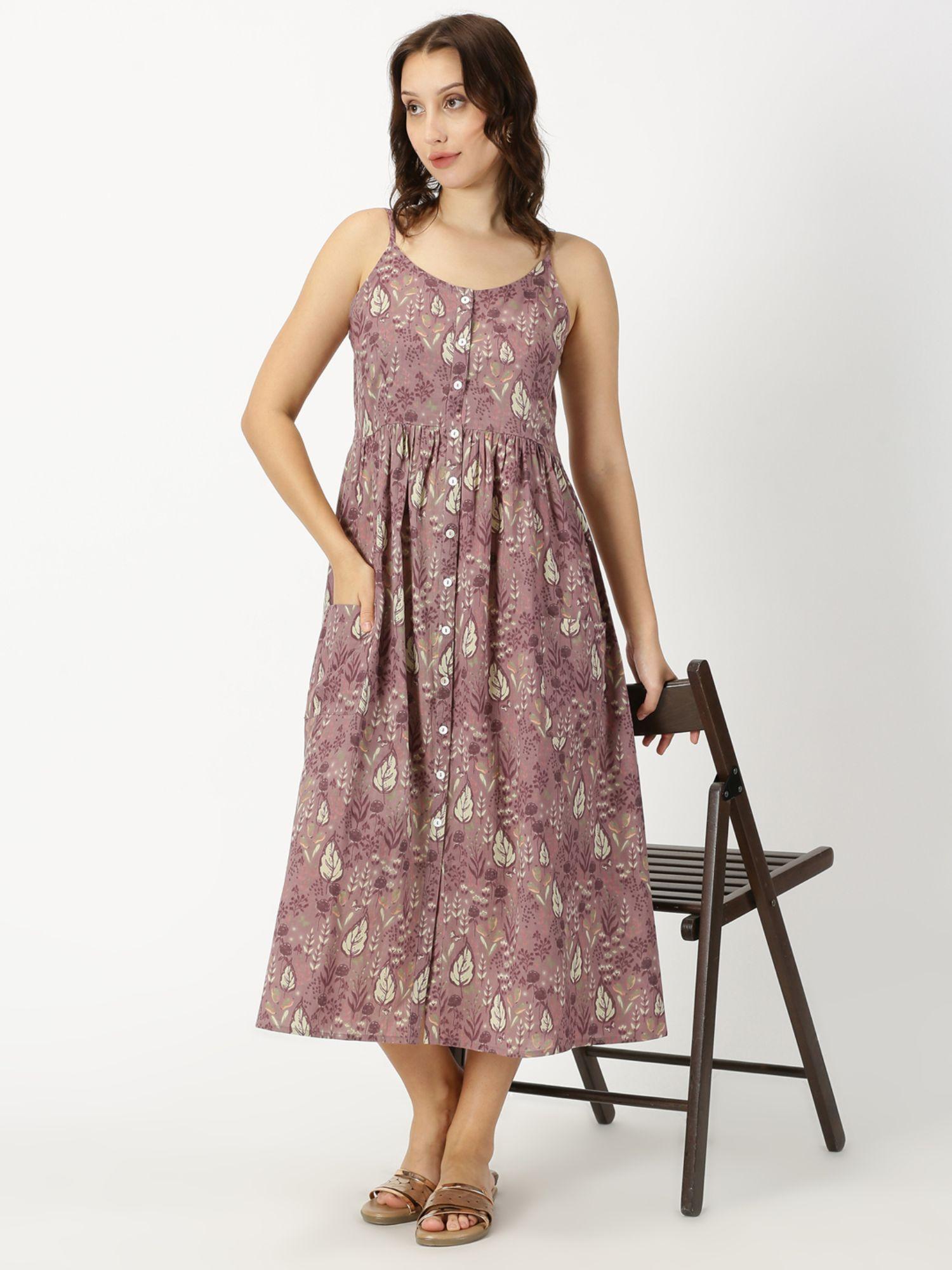 mauve leaf print strappy midi dress