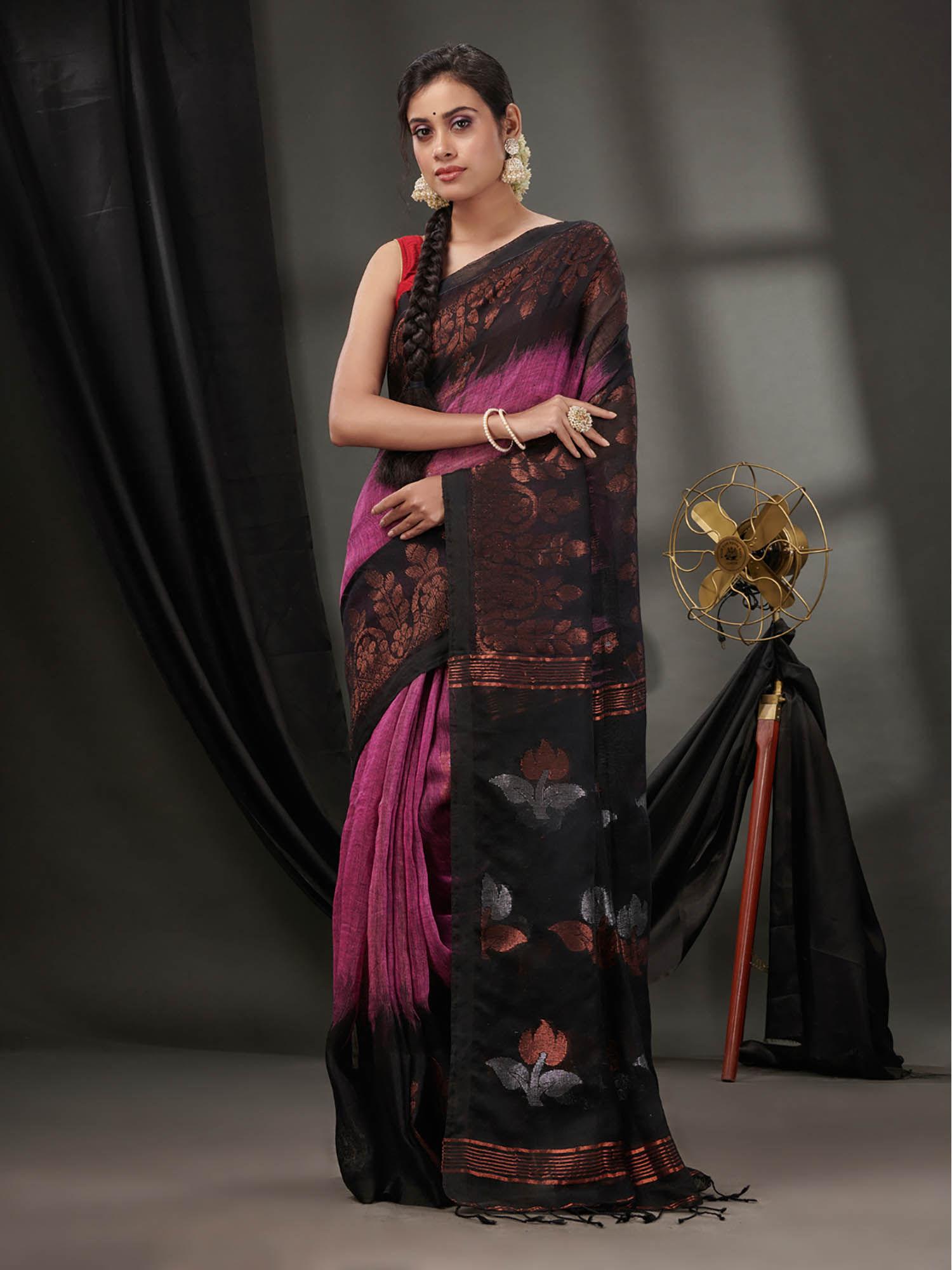 mauve linen handwoven saree with nakshi borders & unstitched blouse