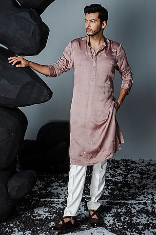 mauve linen silk hand embroidered kurta set