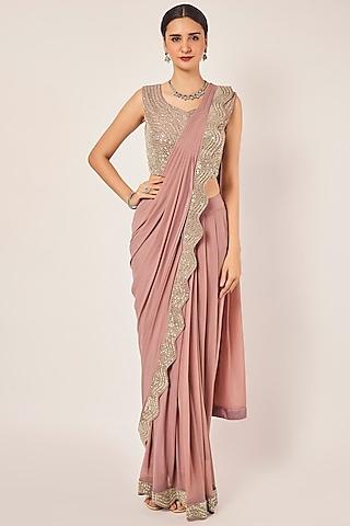 mauve lycra net mirror work draped saree set