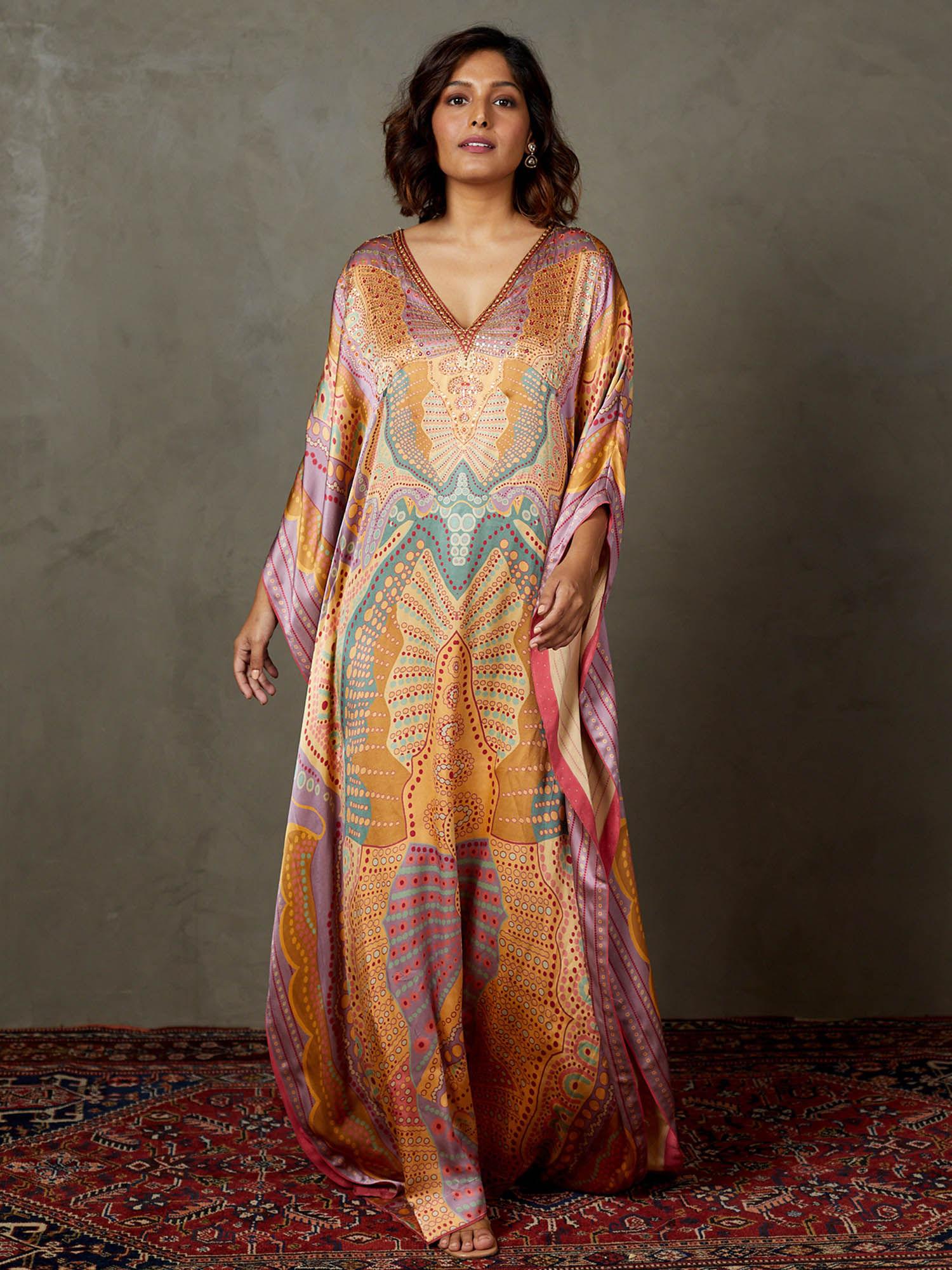mauve multi ari with tikki-h emb petunia kaftan dress