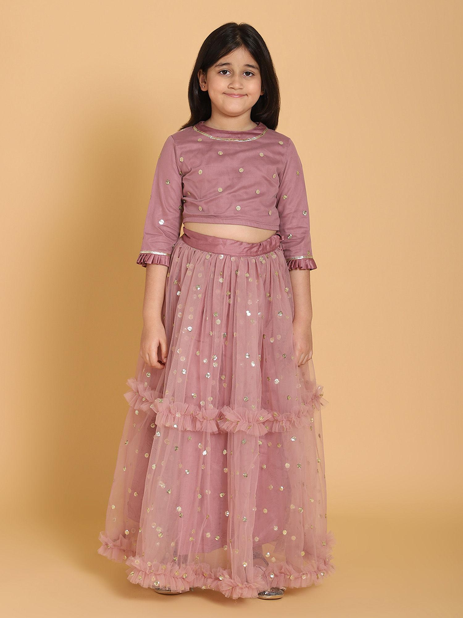 mauve net choli with lehenga (set of 2)