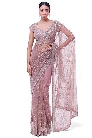 mauve net sequins embellished saree set