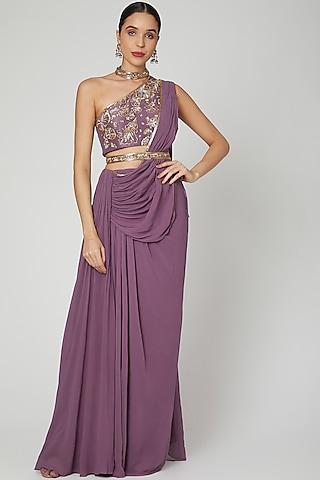 mauve one shoulder embellished saree gown