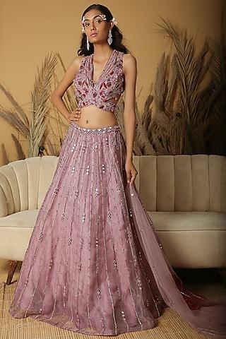 mauve organza cutdana & mirror embellished handcrafted lehenga set