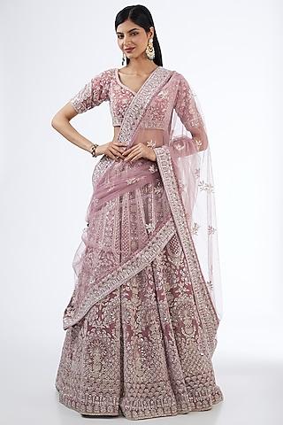 mauve organza hand & machine embroidery lehenga set