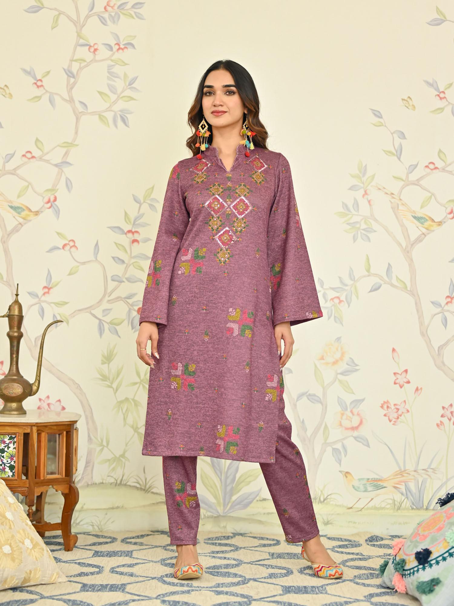 mauve phulkari printed woollen kurta with pant (set of 2)