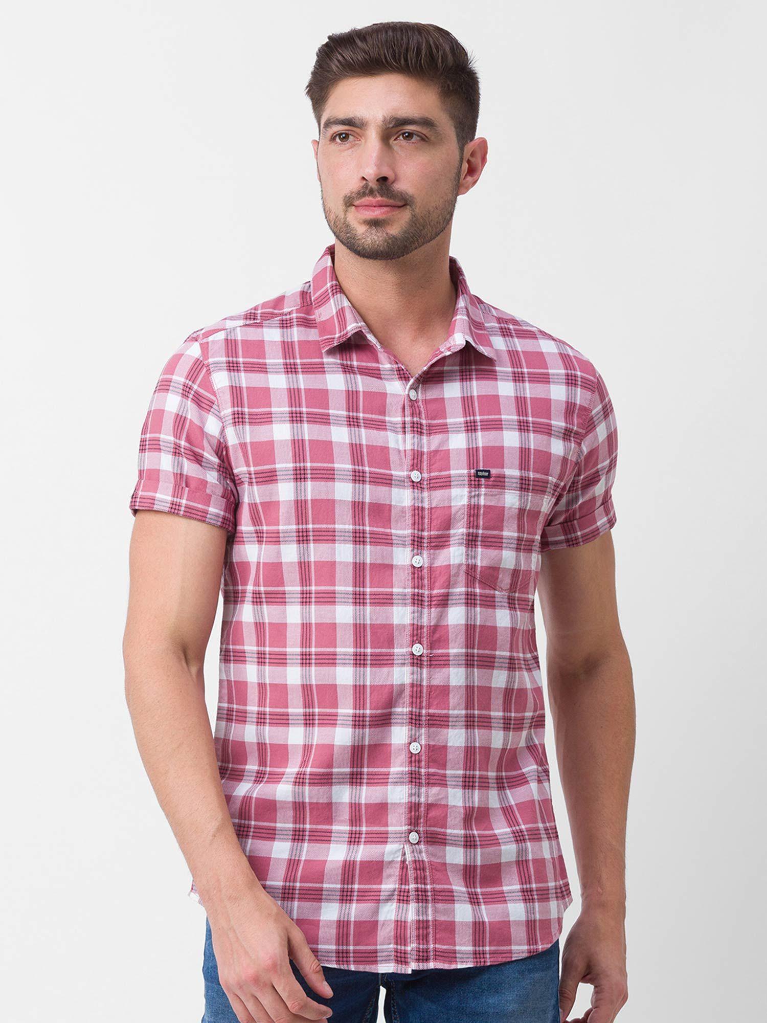 mauve pink cotton half sleeve checks shirt for men