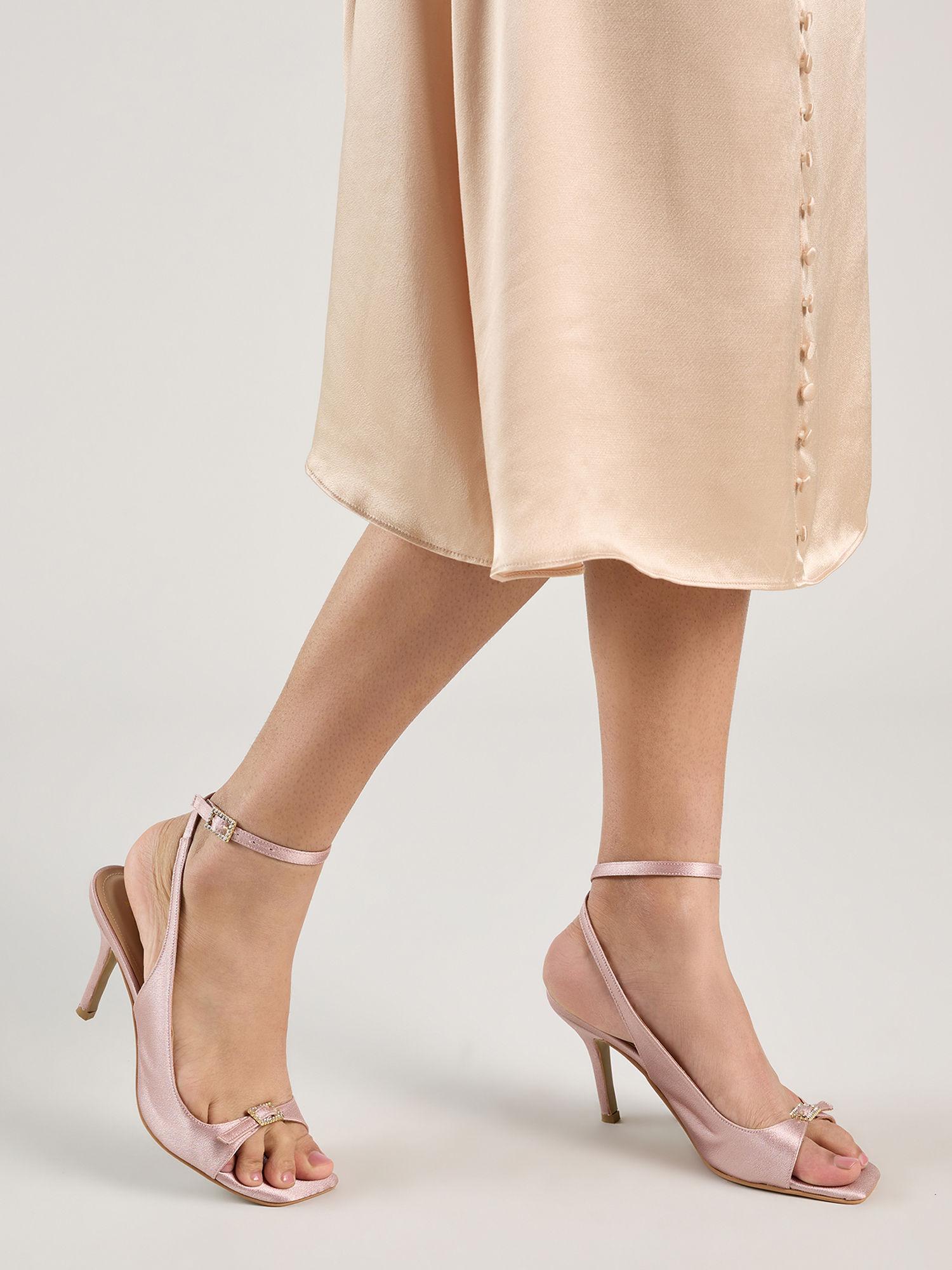 mauve pink embellished buckle satin stiletto heels