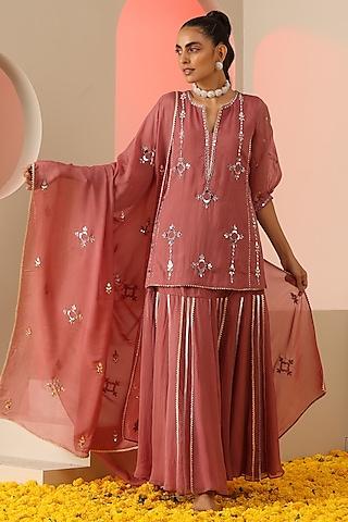 mauve pink viscose organza mirror embroidered kurta set for girls