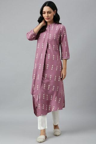 mauve print casual mandarin 3/4th sleeves women a-line fit kurta