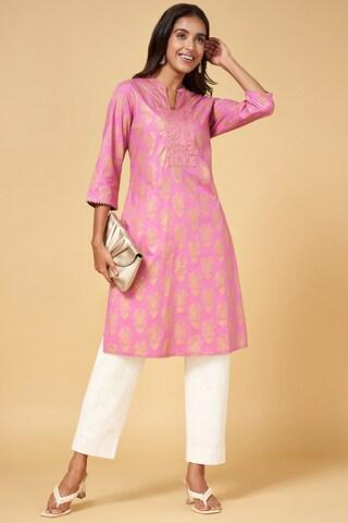 mauve print ethnic mandarin 3/4th sleeves knee length women regular fit kurta