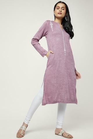 mauve print winter wear mandarin full sleeves calf-length women regular fit kurta