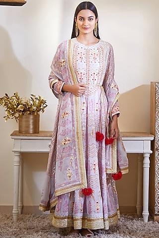 mauve printed & embroidered anarkali set