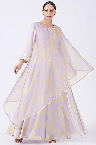 mauve printed anarkali with attached cape