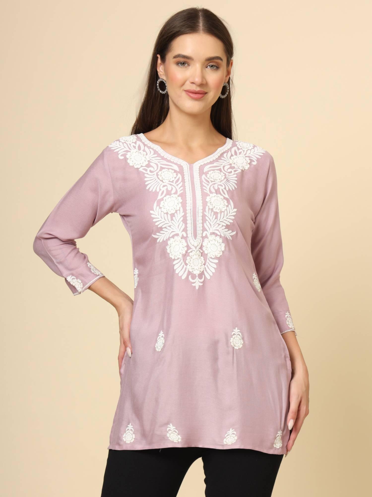 mauve rayon lucknowi chickankari work kurti