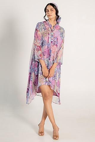 mauve recycled chiffon floral printed high-low shirt dress