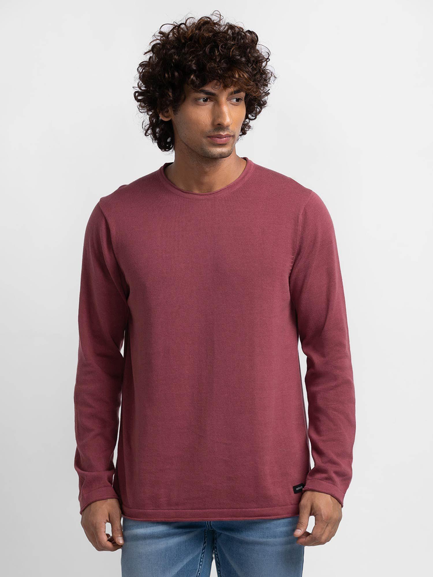 mauve red cotton full sleeve casual sweater for men