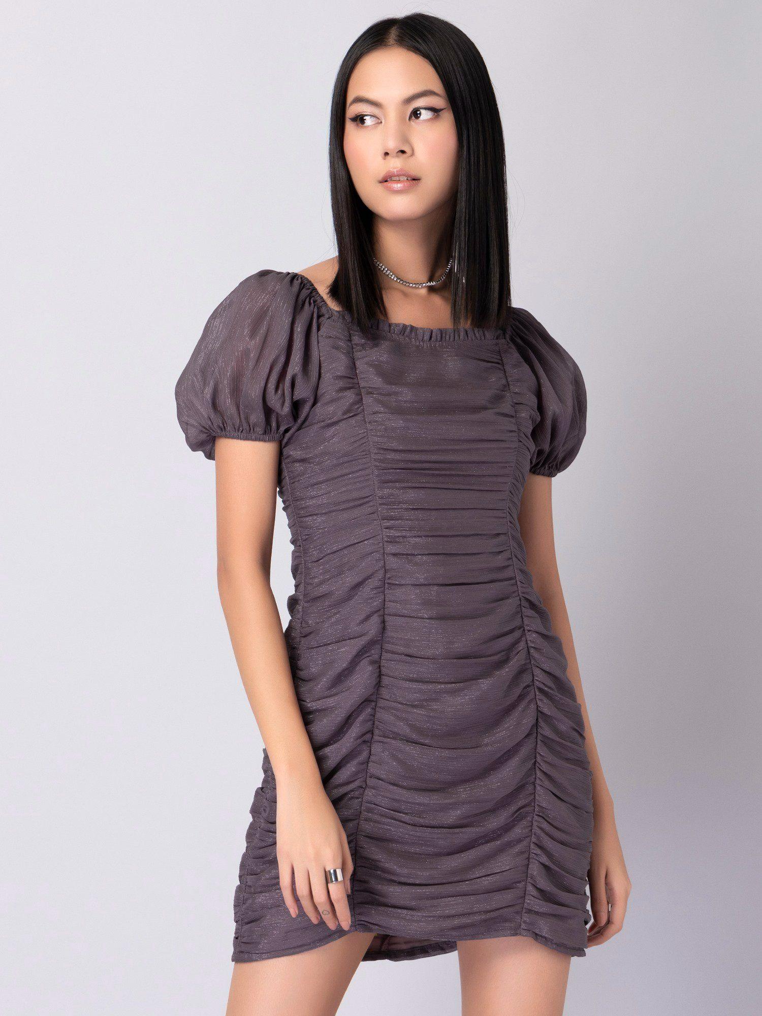 mauve ruched puff sleeve bodycon dress