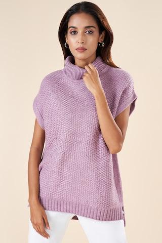 mauve self design winterwear sleeveless high neck women regular fit  sweater