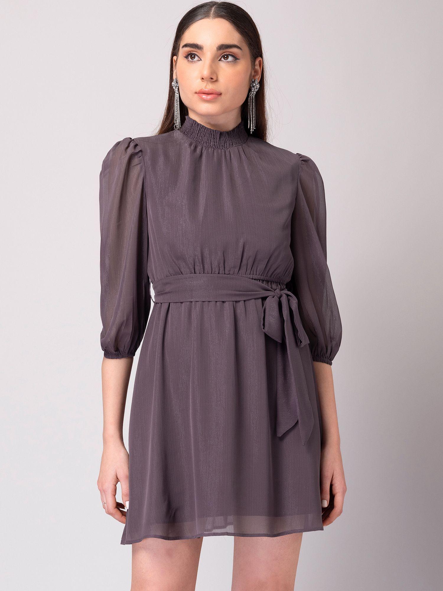 mauve shimmer high neck belted dress (set of 2)