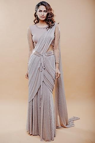 mauve shimmer stretch draped skirt saree set