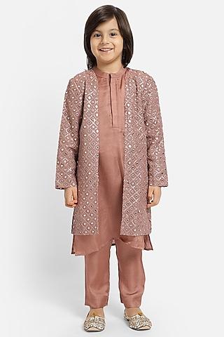 mauve silk blend embroidered jacket with kurta set for boys