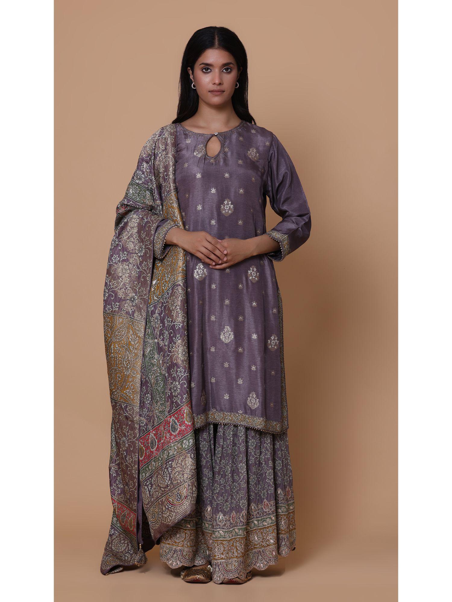 mauve silk embroidered kurta and sharara with dupatta (set of 3)