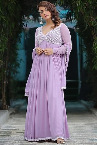 mauve silk georgette embroidered anarkali set