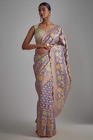 mauve silk zari hand printed saree set