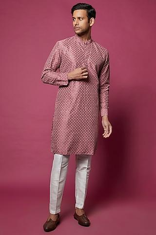 mauve slub silk embroidered kurta set