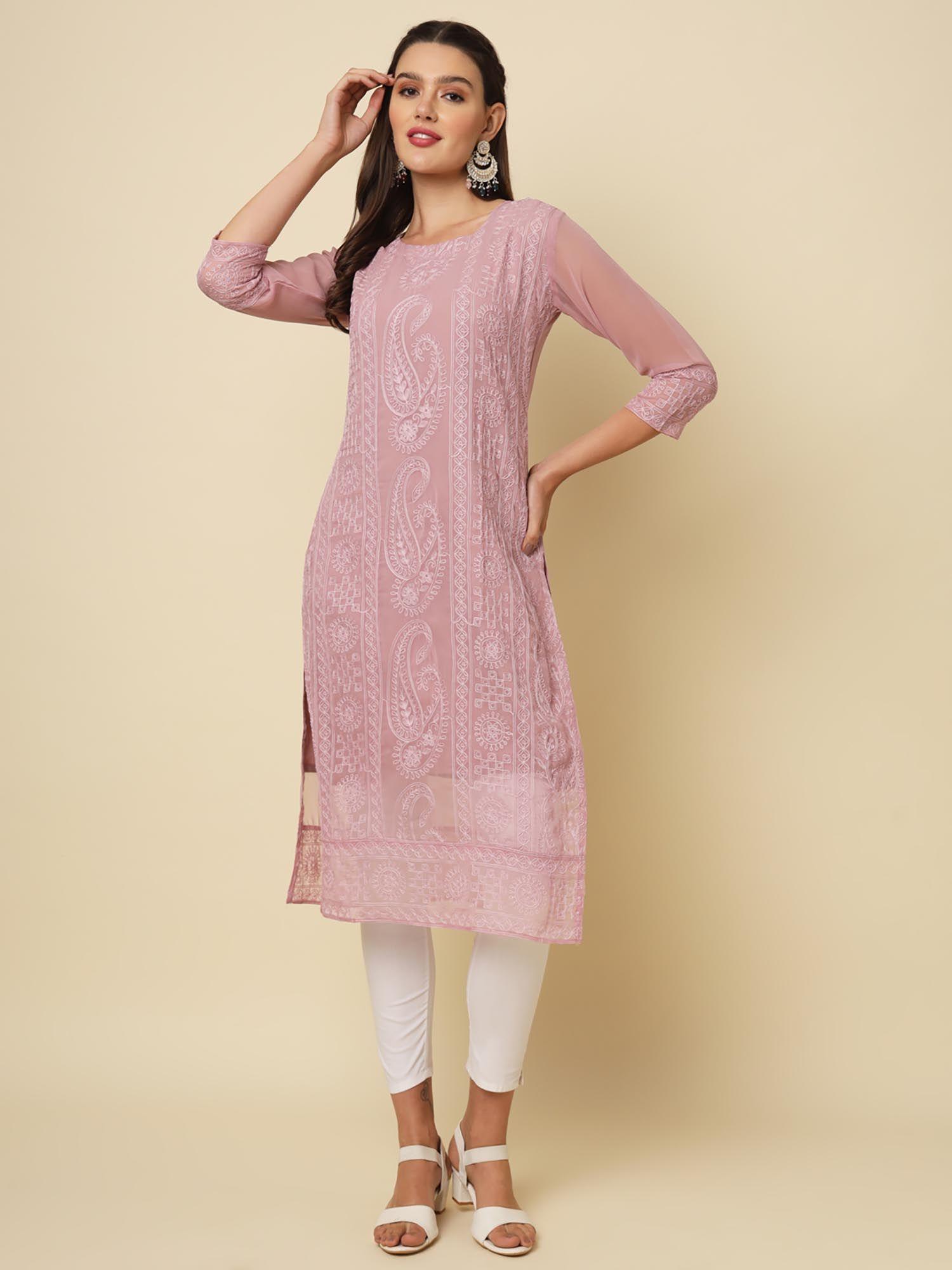 mauve soft georgette lucknowi chikankari straigh kurta