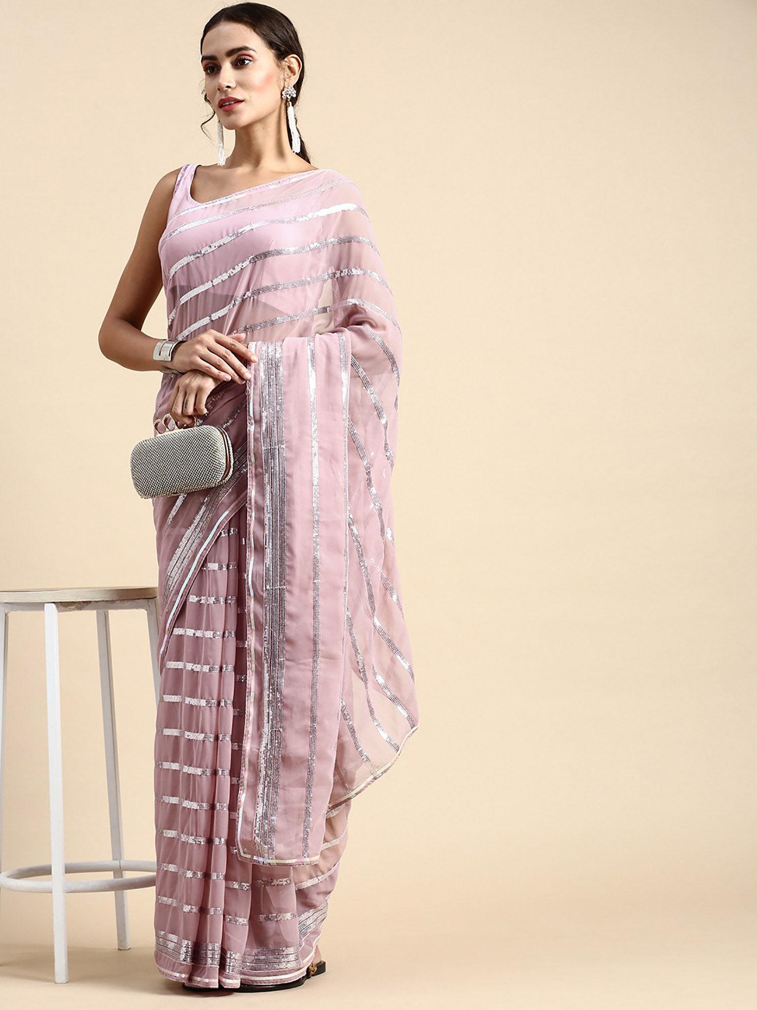 mauve soft georgette saree with embroidery unstitched blouse