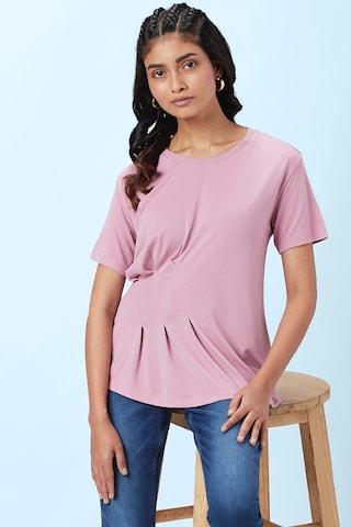 mauve solid casual half sleeves round neck women regular fit t-shirt