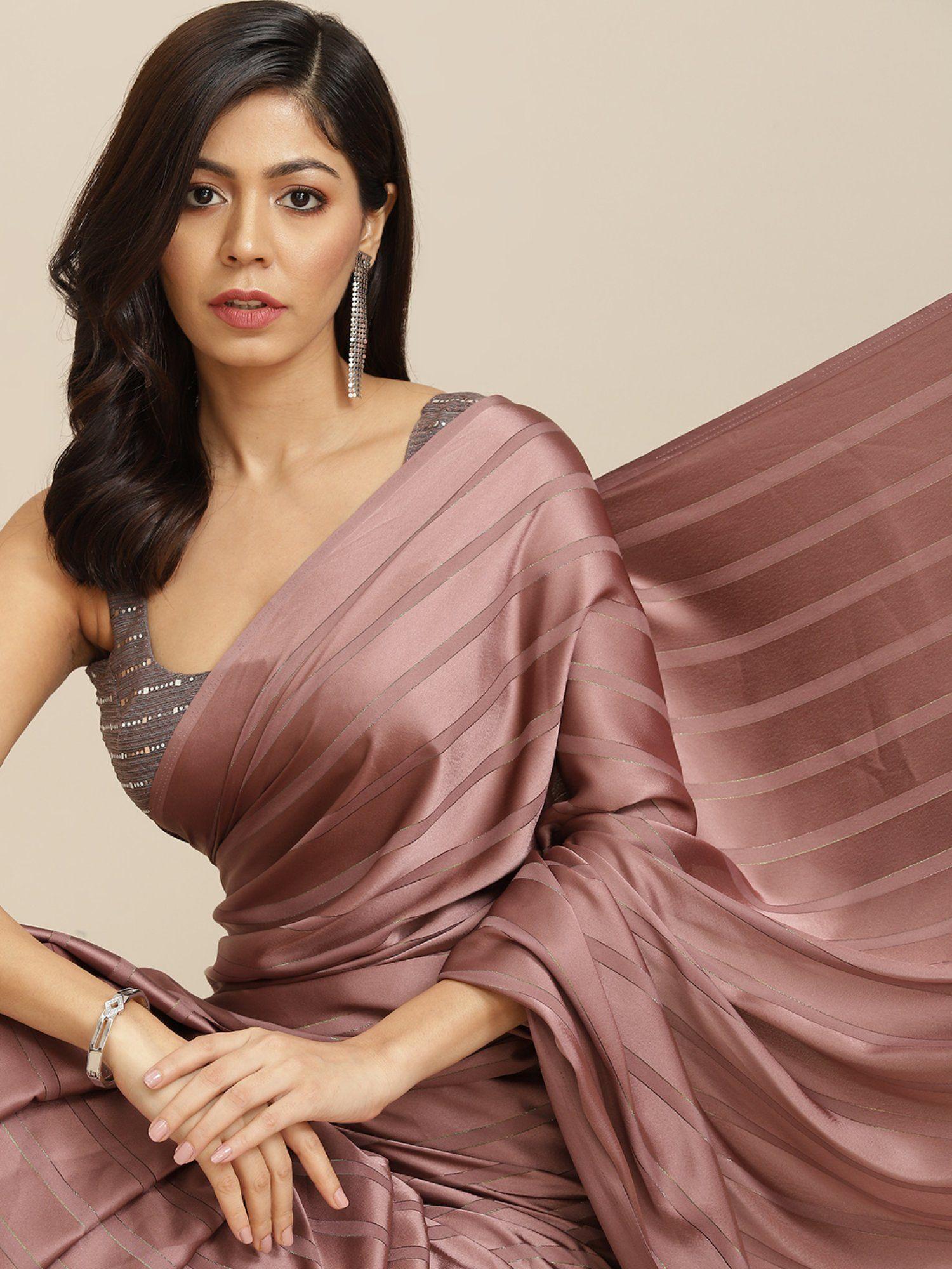 mauve striped polyester saree with tassels with unstitched blouse