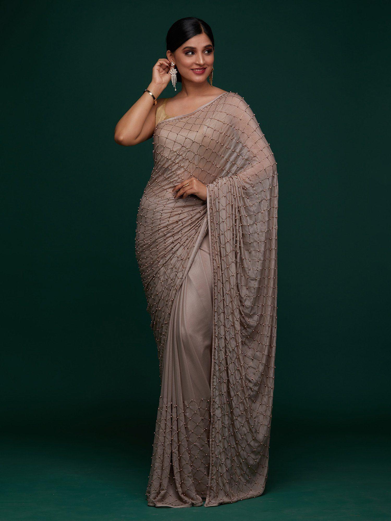 mauve swarovski shimmer designer saree with unstitched blouse