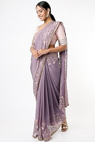 mauve thread embroidered saree set