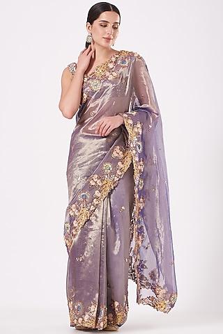 mauve tissue applique embellished saree set